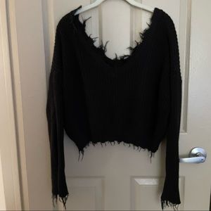 Black Distressed V neck sweater